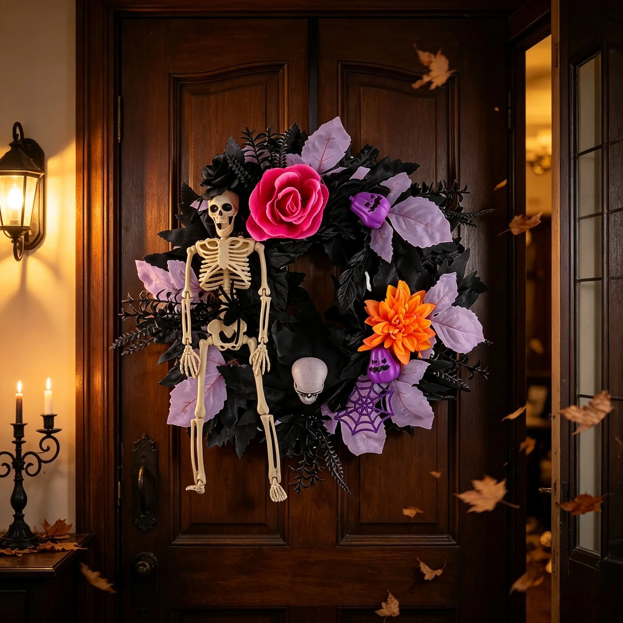Halloween Skull Skeleton Wreath, Dark Realistic Rose Circle, Pumpkin Spider Door Hanging, Party Decoration, 1pcs