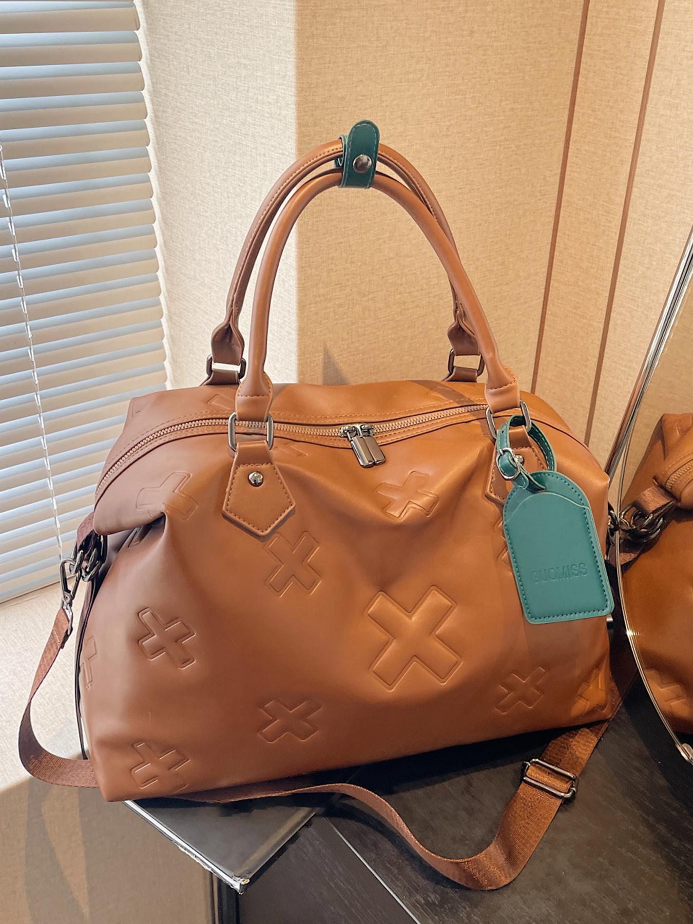 Cross Embossed Handbag, Contrasting Color Design, Portable Single-shoulder Commuting Large-capacity Boston Bag, Single-shoulder Crossbody Multi-purpose Commuter Bag, Suitable for Short-distance Travel, Sports and Fitness, Elegant Embossed Bag