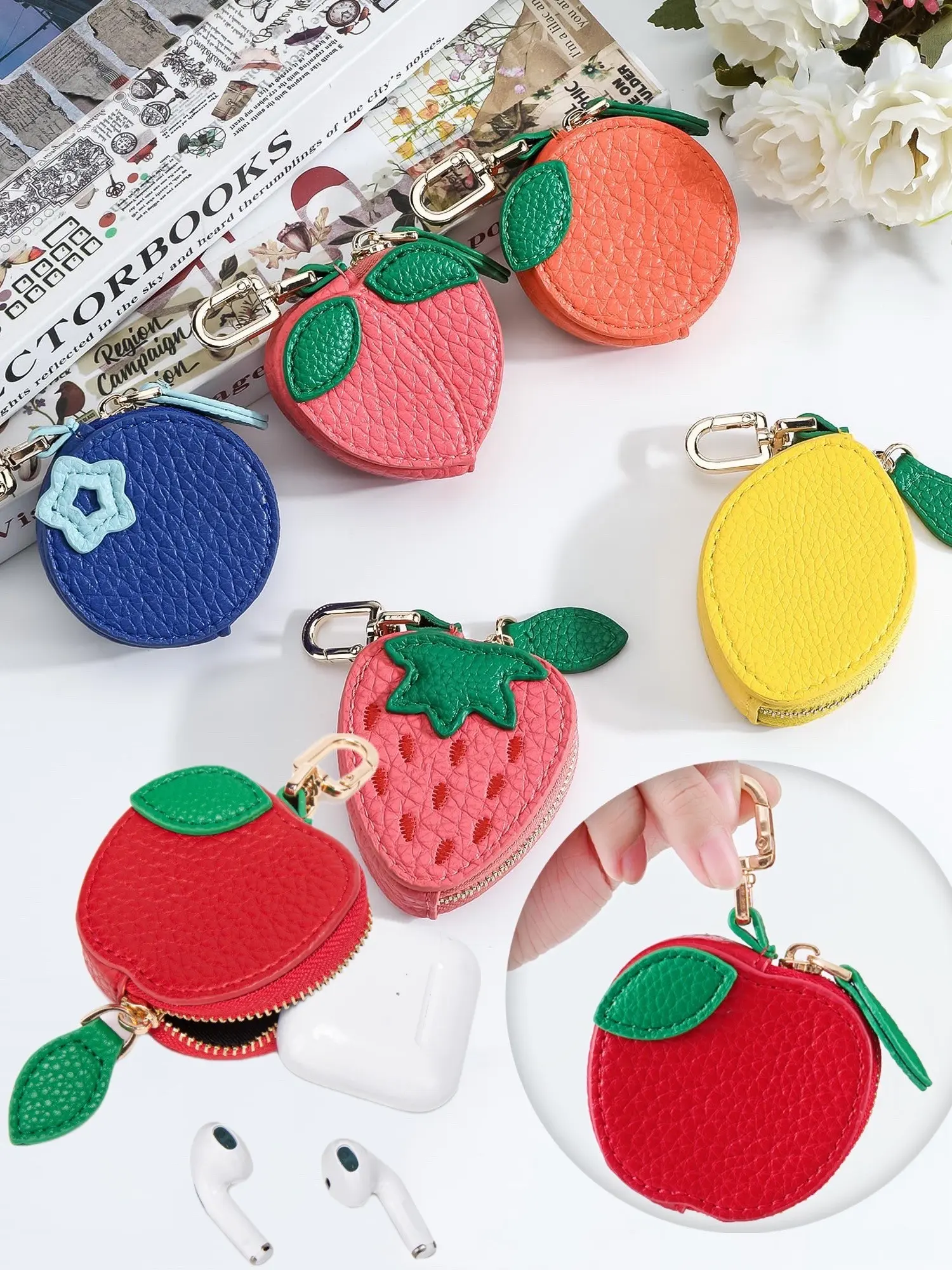 1/2/3 Pack Cute Mini Fruit Shaped Coin Purse Set, Apple Lemon Strawberry Peach Cherry Avocado Blueberry Orange, Bag Charm Pendant, Portable Earbud Case Holds Coins, Sweet Bag Accessories