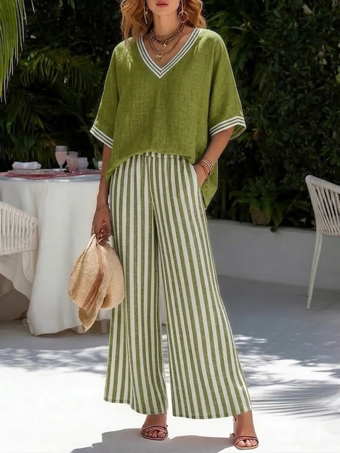 European and American Women's Fashion, V-Neck Linen-Like Top + Striped Wide-Leg Pants, Casual Vacation Set, Comfortable and Stylish