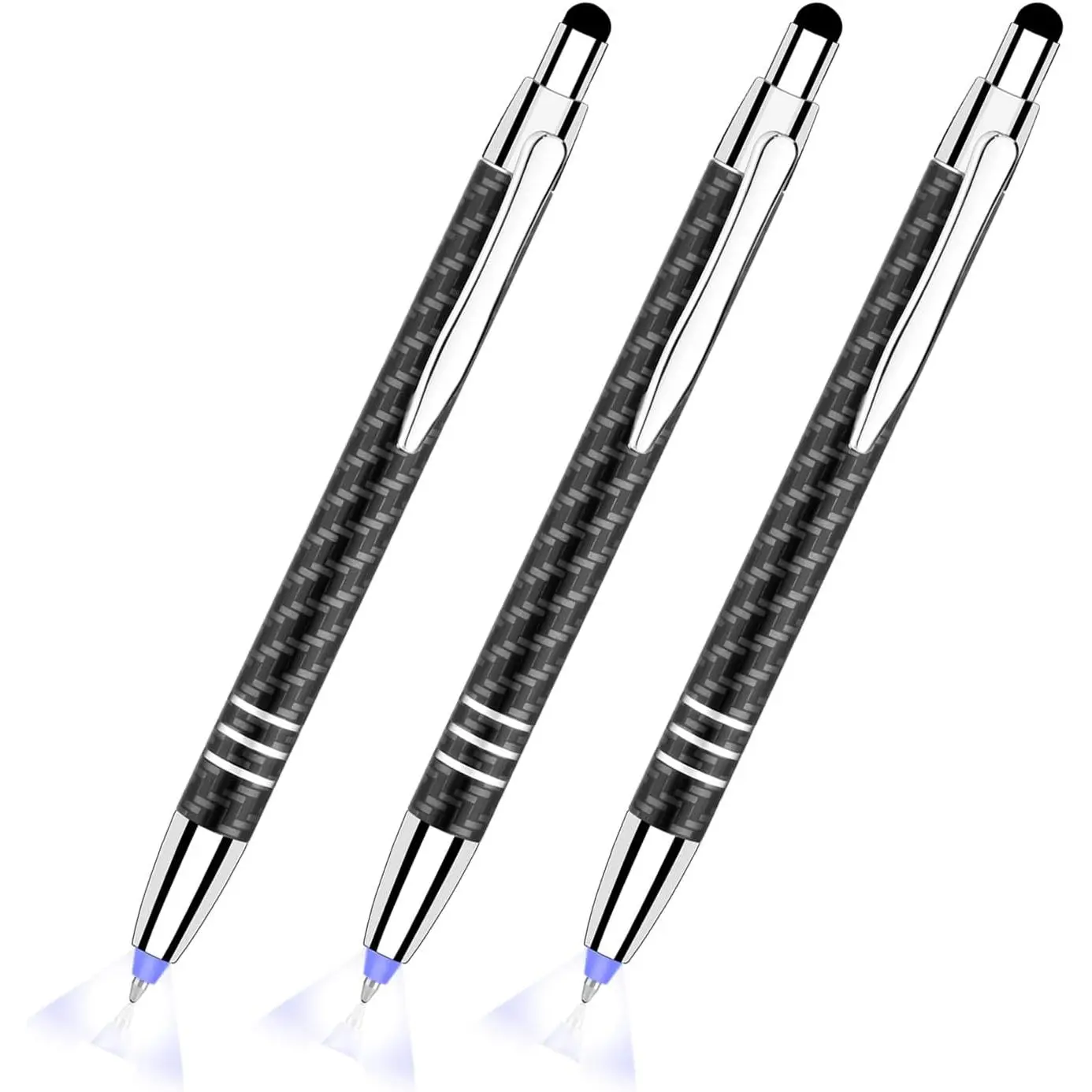 Lighted Tip Pen With Stylus 3-in-1 - LED Penlight Ballpoint Pen for Writing in the Dark - Pack of 3 - Blue Light - GL006