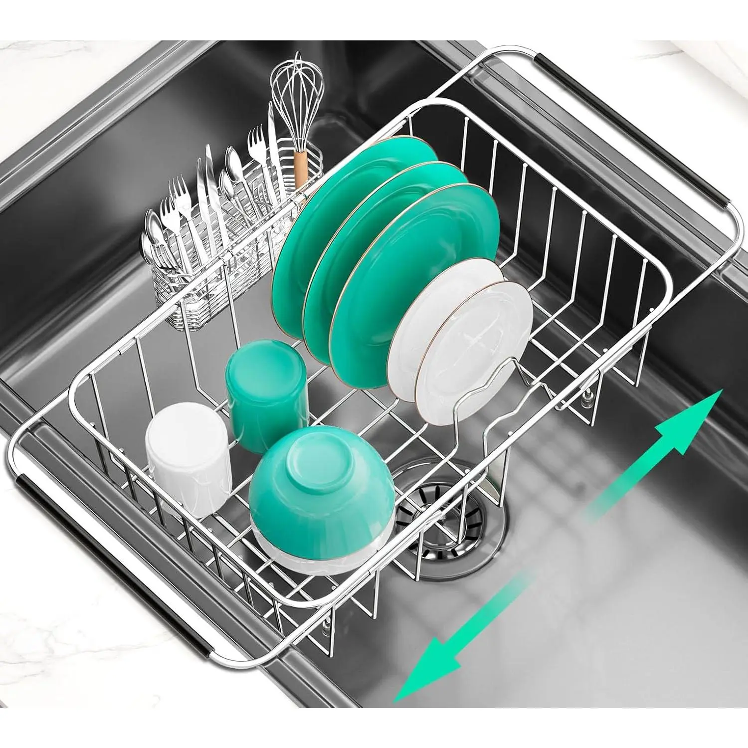 Dish Drainer Rack in Sink, Expandable 304 Stainless Dish Drying Rack Organizer with Stainless Utensil Holder Over Inside Sink Counter, Rustproof