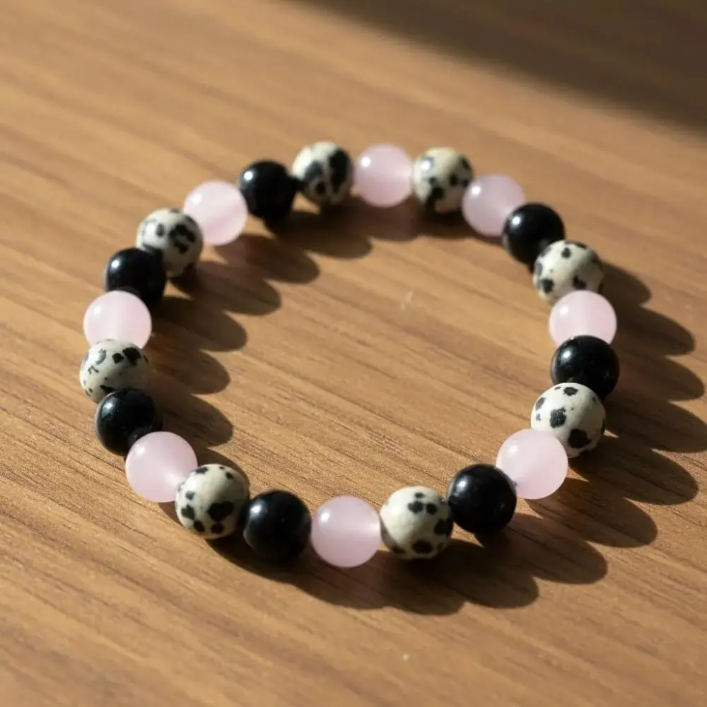 BeadBreath Natural Stone Bracelet Set - Rose Quartz & Black Tourmaline Stretch Beaded Bracelets, Handmade Bohemian Fashion Costume Jewelry for Releasing Past Hurts, Stone Bracelets