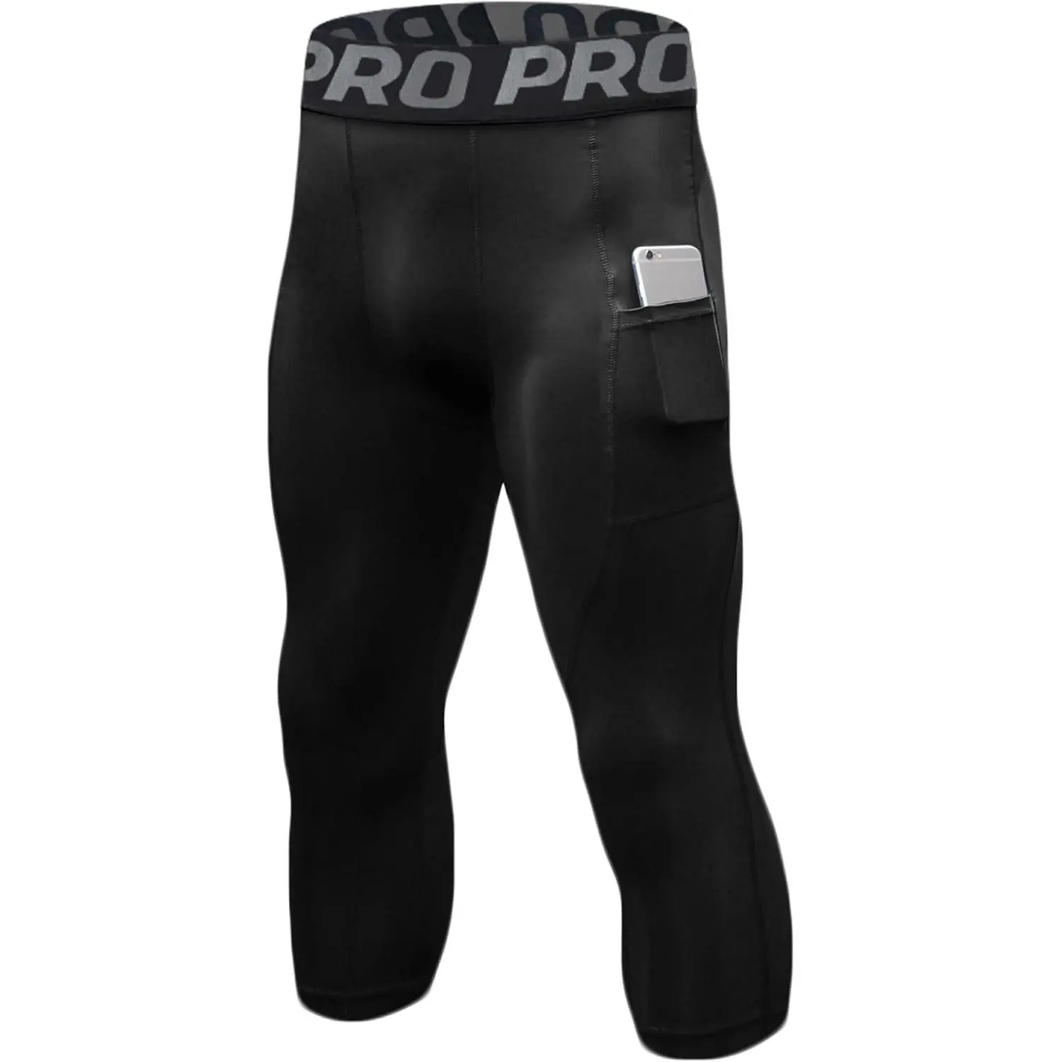 Compression Pants for Men 3/4 Capri Leggings Quick Dry Workout Running Gym Tights Bottom 1/3 Pack with Pockets