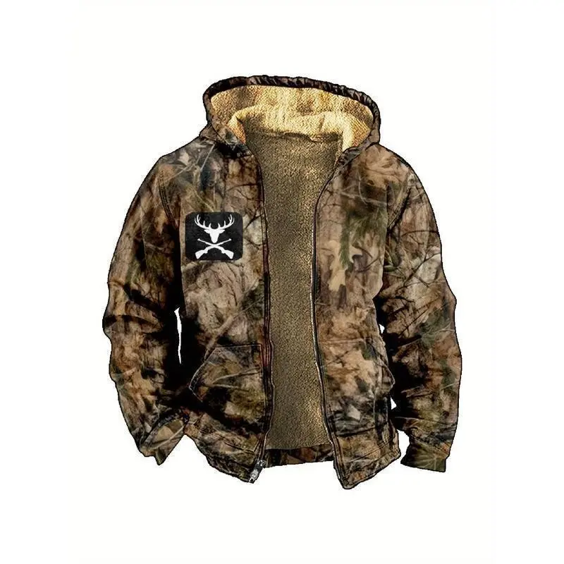 Men's Fleece-Lined Camo Jacket with Full-Zip Closure & Hood - Camouflage Leaf Print Winter Coat, Regular Fit Machine-Washable Polyester Outerwear for Autumn & Winter, Winter Jackets, Hunting Clothing, Casual Style, Heat Transfer P