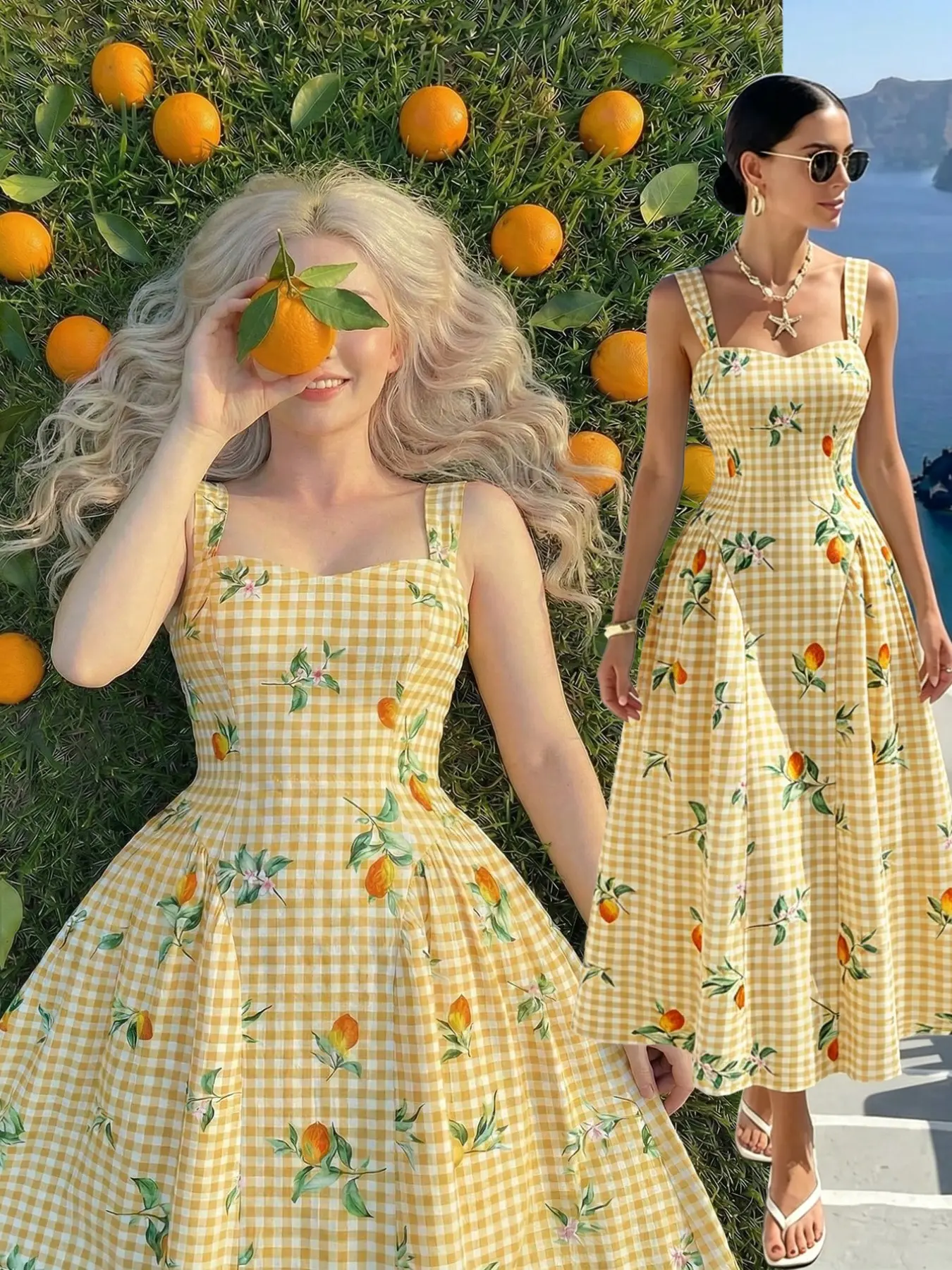 Women's Plaid Lemon Print Halter Midi Dress, Heart Neckline Sleeveless High Waist Flowy Skirt, Perfect for Vacation Beach Wear