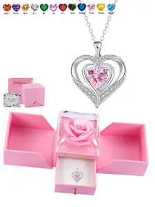 Nested Hearts Birthstone Pendant Necklace with Eternal Flower - Comes with exquisite rose gift box Romantic Gift Set Jewelry Gift for Valentine's Day & Birthday,A gift for my wife, mother, and girlfriend