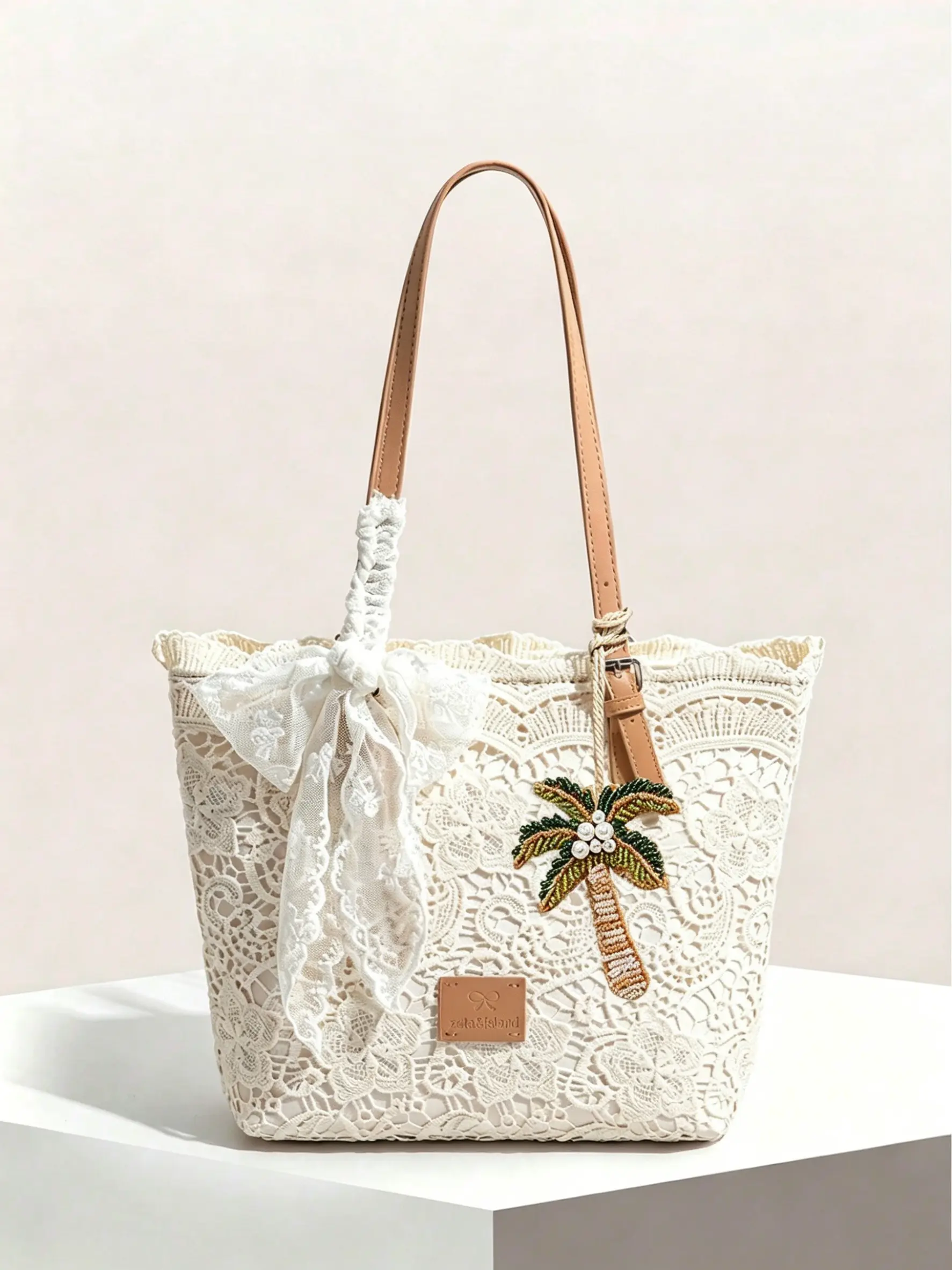 White Floral Hollow Lace Tote Handbag Featuring Pretty Lace Bow & Handcrafted Beaded Seashell Charm, Soft Leather Strap Large Shoulder Bag, Ideal for Summer Vacation, Daily Commute, Beach Outings and Romantic Everyday Outfit Matching Casual Tote Bag