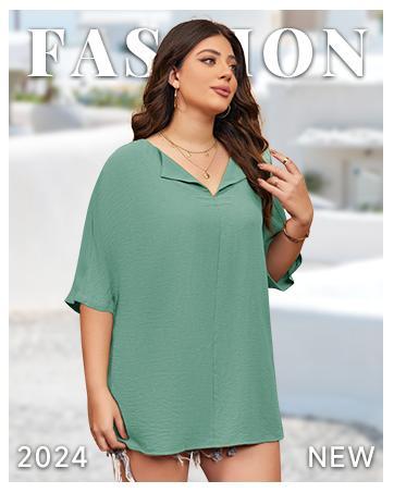 Imily Bela Womens Plus Size Tops Short Sleeve V Neck Tee Blouse Summer Loose Fit Casual Tunic Top XL-5XL
