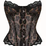 Y2K Leopard Print Lace Trim Corset Top Front Buckle Boned Waist Trainer Sheer Mesh Slimming Bustier For Women Club Party Date Night Outfit Buckle Corset Tops