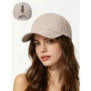 Laser Perforated Main Character Energy Ponytail Baseball Cap - Adjustable Strapback, Quick-Drying, Breathable, Plain Sports Hat for Running, Summer Gym - Black, Dark Gray Minimalist Athletic Headwear