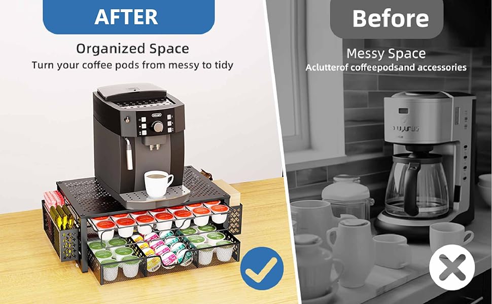 Simple Trending Coffee Pod Holder for K Cups 2 Tier Sliding Storage Drawer 63 Large or 80 Small Capsule Organizer Black Metal Frame 20D x 10W x 5.8H