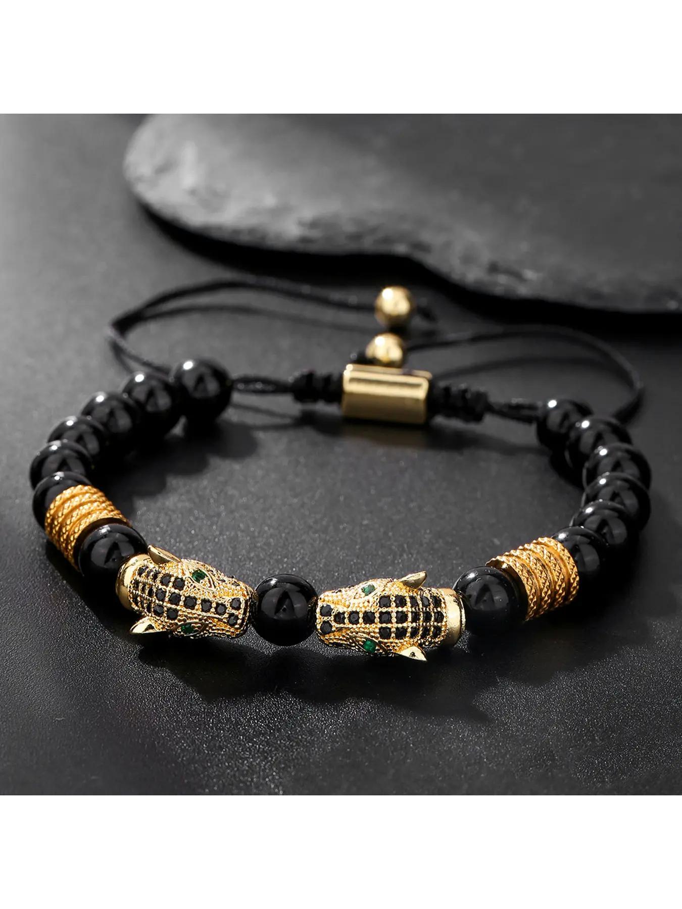 Men's Bestselling Heavy-Duty Fully Paved Rhinestone Leopard Head Obsidian Beaded Bracelet, Anxiety-Relief Obsidian Bead Wristband Decorated with Metal Spacers, Hand Jewelry Exquisite Bracelet Suitable for Business, Commuting and Daily Casual Wear