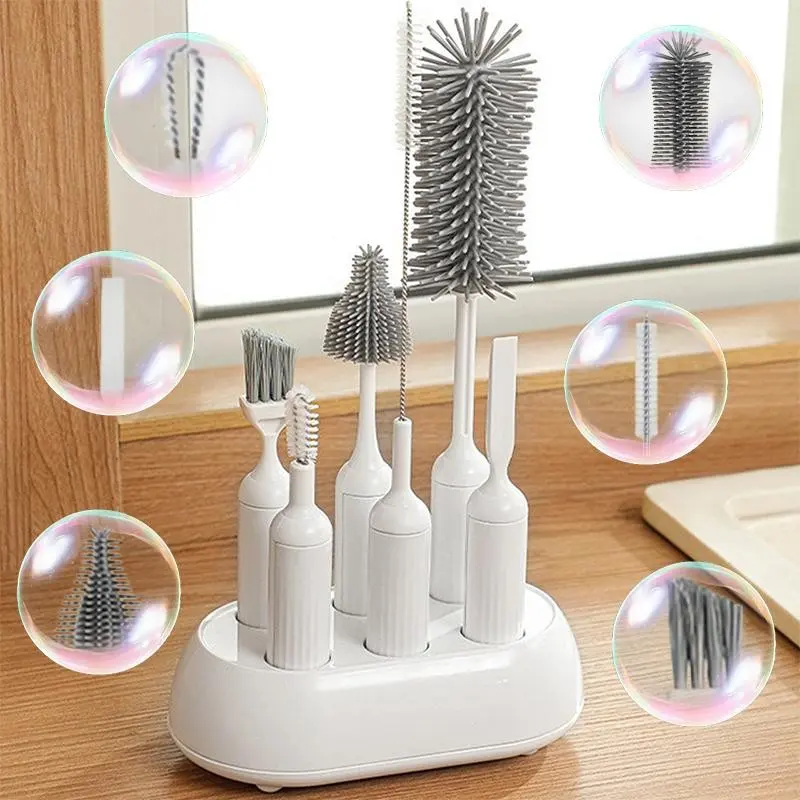 6-In-1 Dish Cleaning Brush Set with Storage Base, Durable Abs & Silicone, Reusable, Ideal for Cups and Bottles, Bottle Cleaner Brush, Easy-To-Use Design