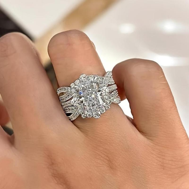 2-Piece Princess-Style Shiny Multi-Layer Square Couple Rings Synthetic Cubic Zirconia Stackable Rings Bride Engagement Promise Wedding Anniversary Birthstone Rings Valentine's Day Christmas Gifts High-Quality Jewelry for Women