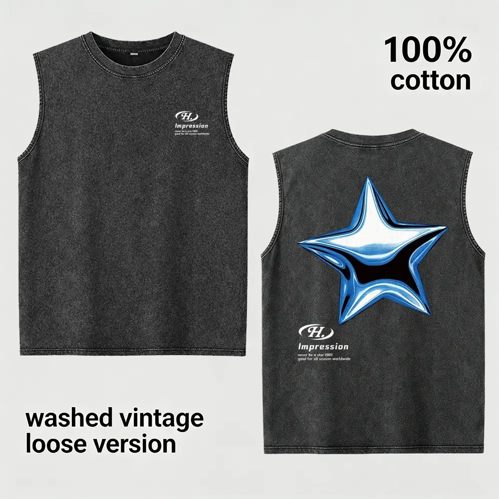 Men's Vintage Washed Tank Top Y2K Liquid Star Graphic Muscle Shirt 100% Cotton Chrome Streetwear Sleeveless Tee