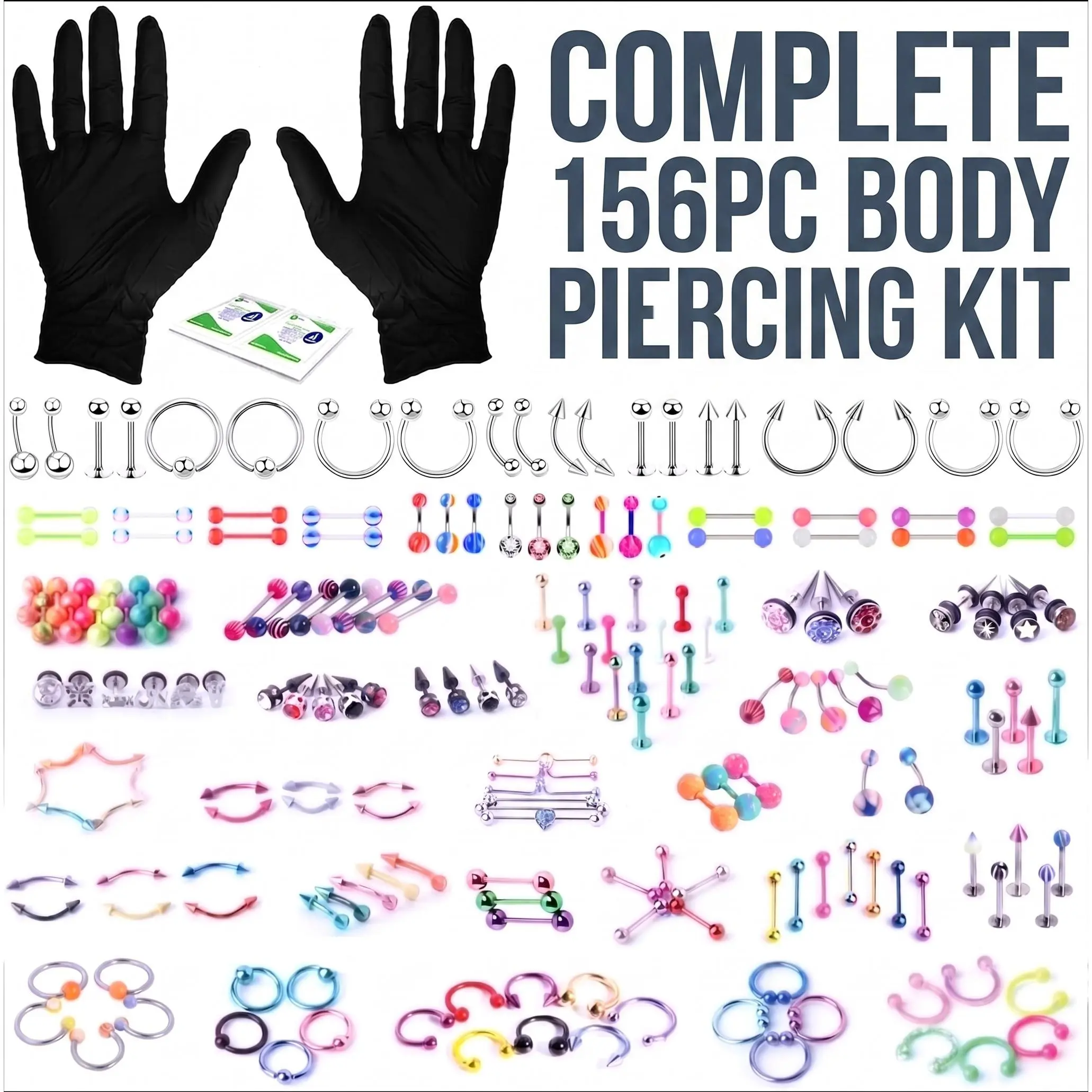 156PC Body Piercing Kit with  Belly Button Ring Nose Septum Tragus Cartilage Industrial - Horseshoe Hoop Barbell Labret Stud - 14G 16G 18G 20G Random Mix Body Jewelry