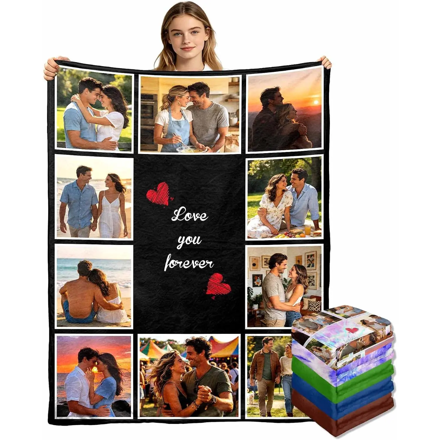 Romantic Custom Photo Flannel Throw Blanket, Black 3x3 Collage Memory Blanket with Heart Design & "Love You Forever" Personalized Text, Soft Cozy Warm Blanket for Couples, Anniversary, Valentine’s Day & Engagement Gift