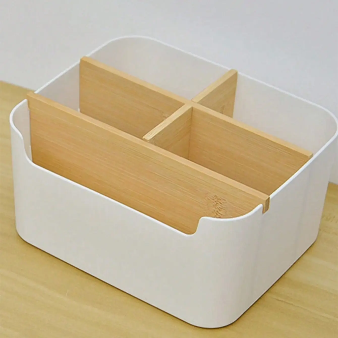 1pc bamboo desktop organizer with 5 compartments, storage box, suitable for office supplies, pen holder, bathroom cosmetic storage, Office accessories, and living room multipurpose rack. Ideal for back-to-school use