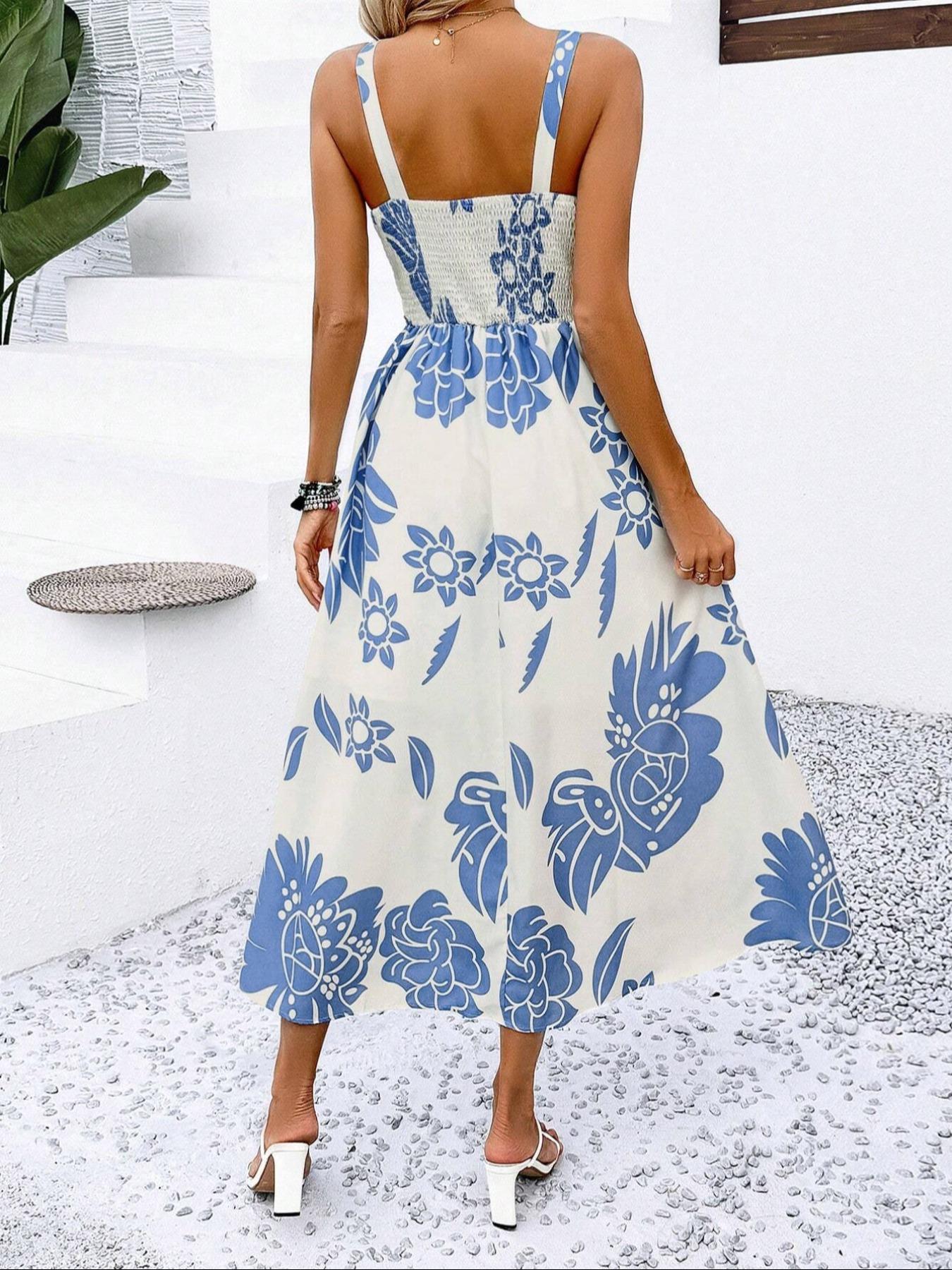 Elegant Women's Floral Print Wide Strap Dress, Backless Ruched Design, Sleeveless Long Dress for Spring Vacation