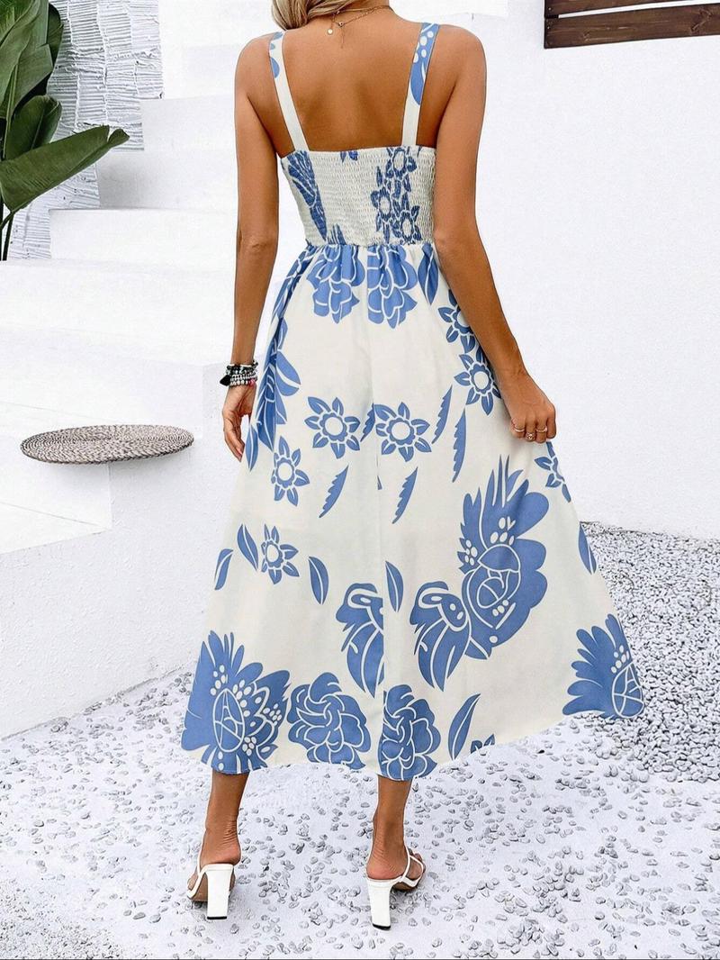 Elegant Women's Floral Print Wide Strap Dress, Backless Ruched Design, Sleeveless Long Dress for Vacation