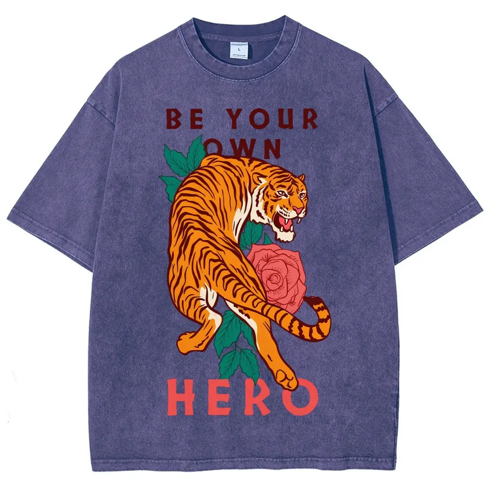 Unisex BE YOUR OWN Powerful Tiger, Roses and Leaves Graphict Washed T-Shirt Personalized Pattern Y2k Clothing Round Neck Washed T-Shirt,Women's Clothing 100% Cotton, Menswear, Top, Vintage Style,Summer Casual Oversized