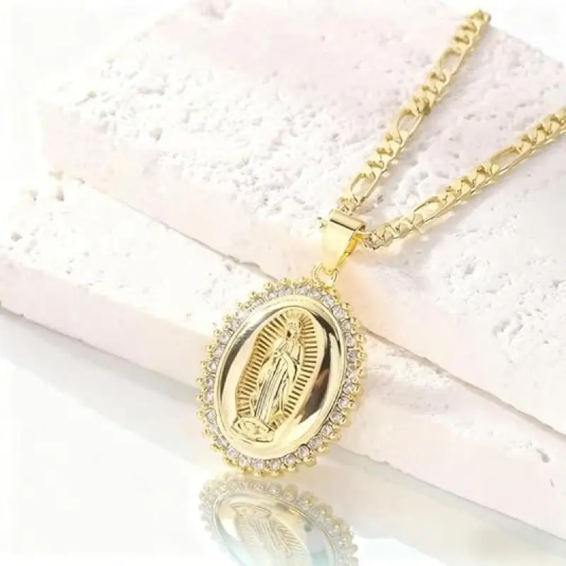 Gold-Tone Virgin Mary Pendant Necklace for Women Men, Oval Religious Medal Necklace with Sparkling Stone Border, Figaro Chain Faith Jewelry Gift for Daily Wear