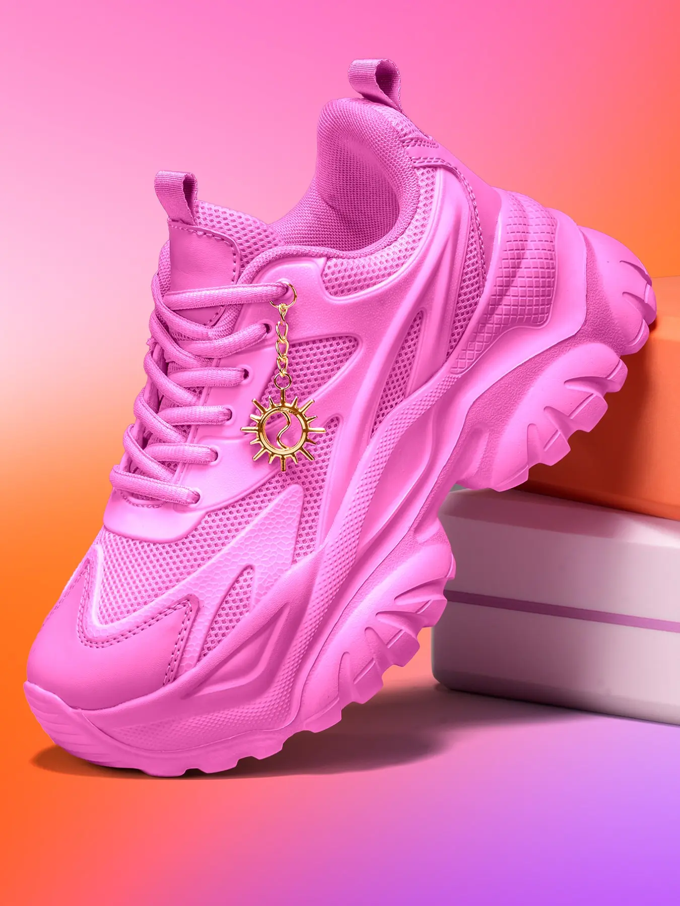Women's Thick Sole 7cm Eva Sports Shoes, Detachable Gold Sunflower Charm, Casual All-Season Outdoor Wear, Wide Fit, Round Toe