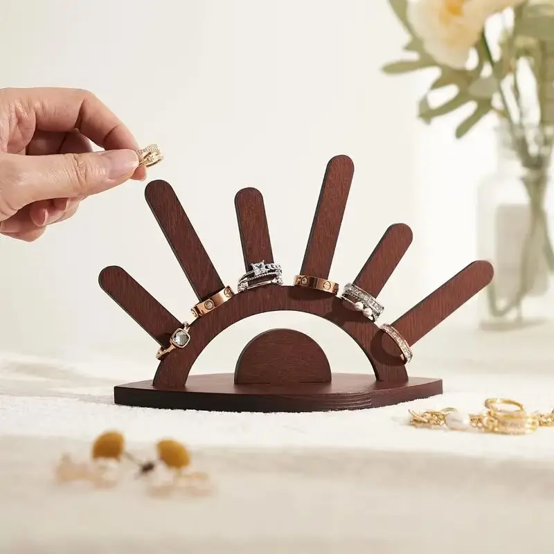 Sectoral Wooden Ring Display Stand, Vintage Minimalist Design, Multi-Position Holder for Rings and Bracelets, Stable Base, Ideal for Jewelry Shops