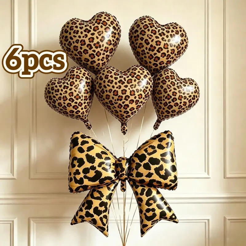 Leopard Print Balloon Set, 6-Piece Birthday Party Decor, Includes Large Bow and 5 Heart Balloons, Perfect for Weddings and Valentine's Day