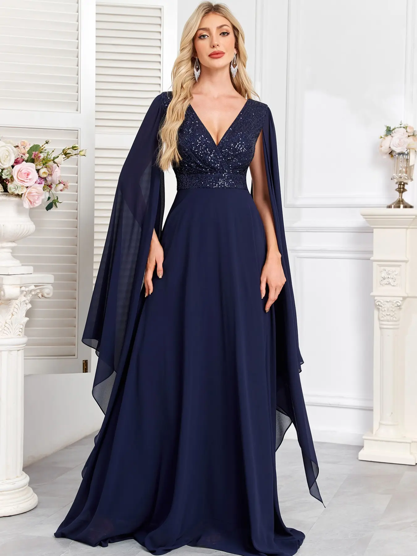 Elegant Sequin Dress, Flowy Wide Sleeve Long Gown, Evening Party Wedding Guest Dress, Luxurious Atmosphere Long Dress