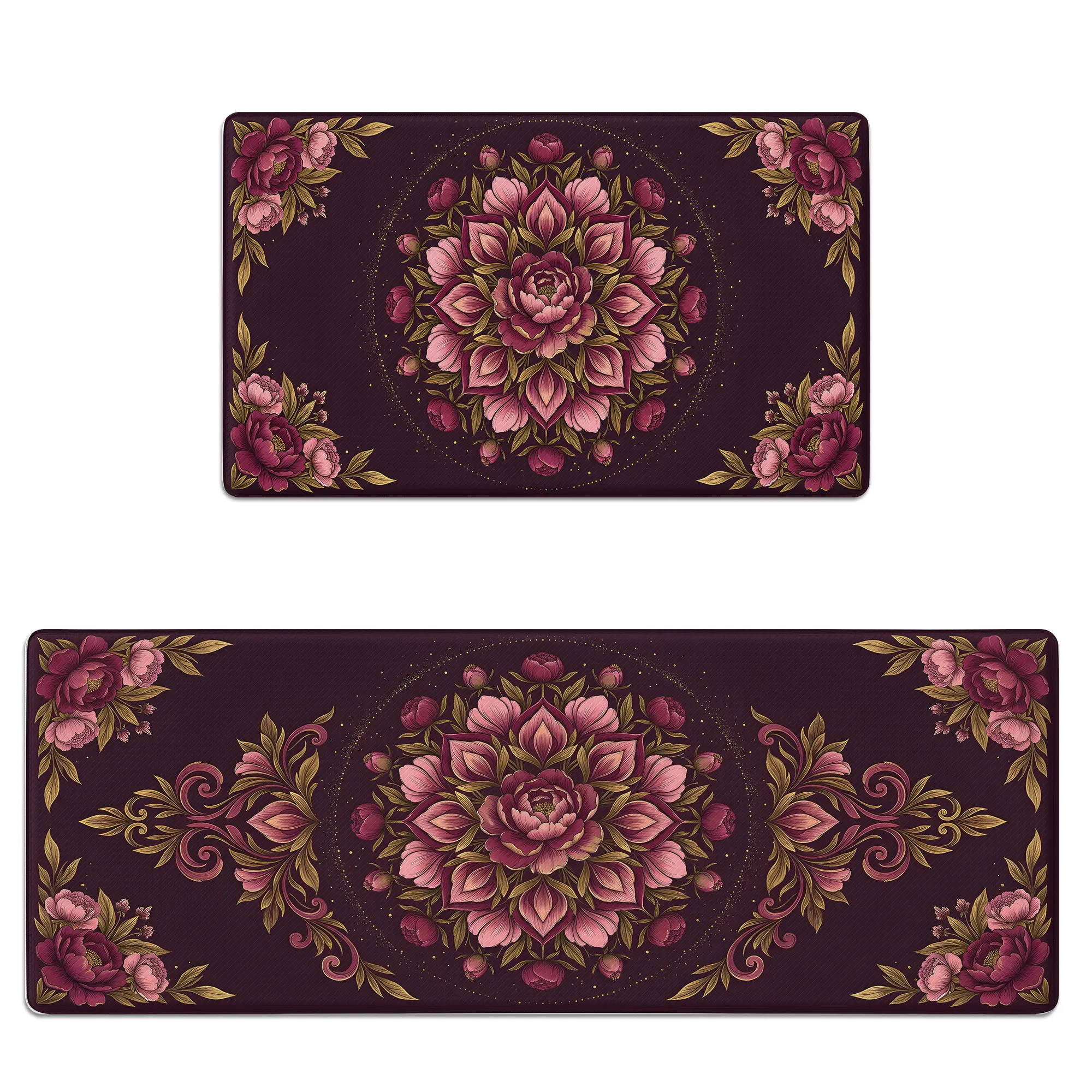 Kitchen Mat Set Anti-Fatigue Cushioned Memory Foam, Non-Slip, Scratch-Resistant & Waterproof Burgundy Floral Mandala Rug for Kitchen Floor