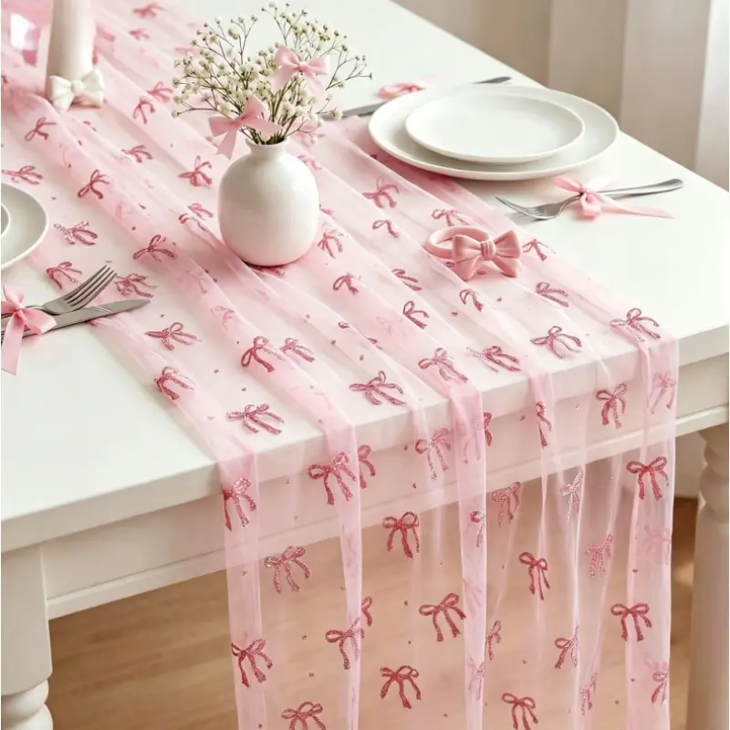 Pink Bow Tulle Table Runner, Pink Sheer Lace Table Decor, Bow Tablecloth for Wedding, Birthday, Baby Shower, Valentine's Day Party Decor