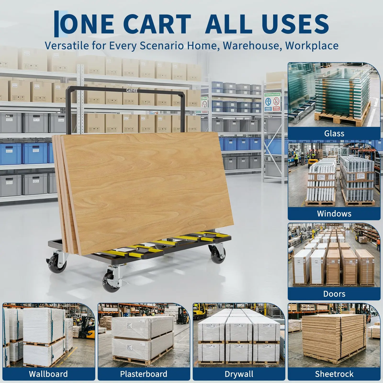 Heavy Duty Carbon Steel Expandable Panel Dolly Cart - 1800lbs Load Capacity, Drywall Plywood Mover, Swivel Wheels with Swivel Brakes, Tie-Down Straps, Foldable Design
