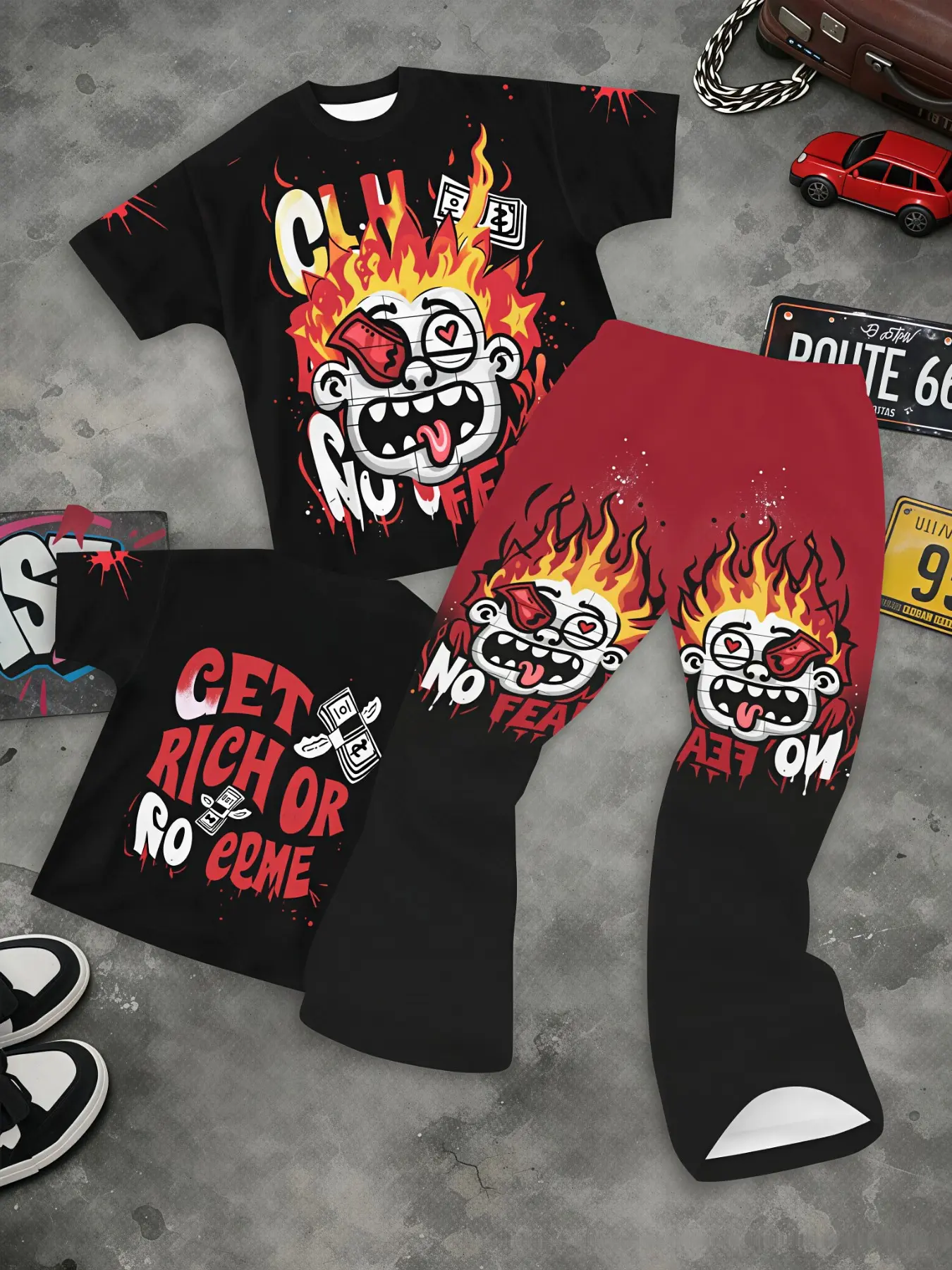 Men Black Red Cartoon Flame Street Set, Crazy Fire Character "GET RICH" Slogan Tee, Dual Cartoon Print Flare Pants, Bold Graffiti Hip Hop Outfit