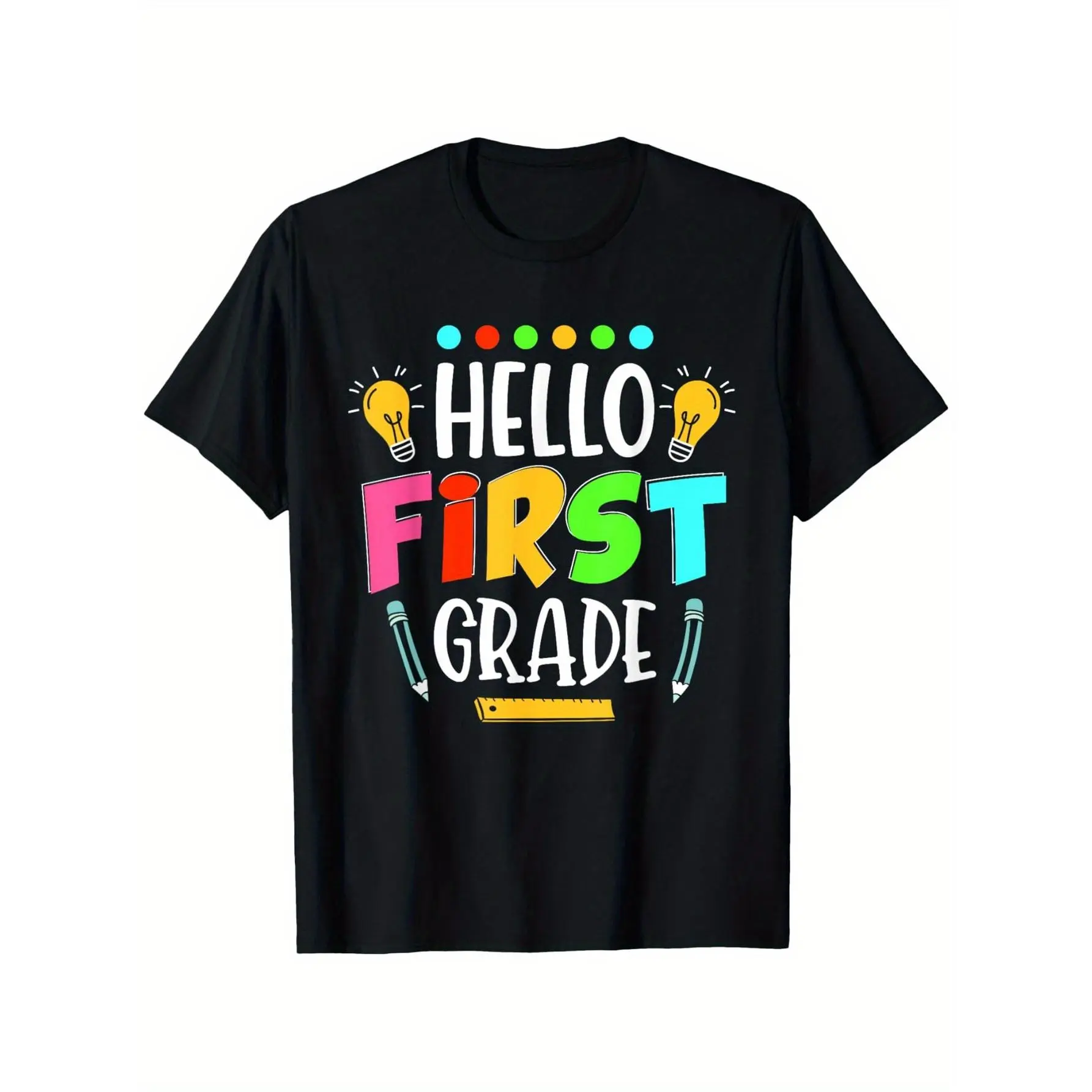 First Grade T-Shirt - Soft Breathable Back-to-School Shirt with Light Bulb & Pencil Design, Short Sleeve Crew Neck Top Suitable for School Parties, First Day Gift, Machine Washable Clothing