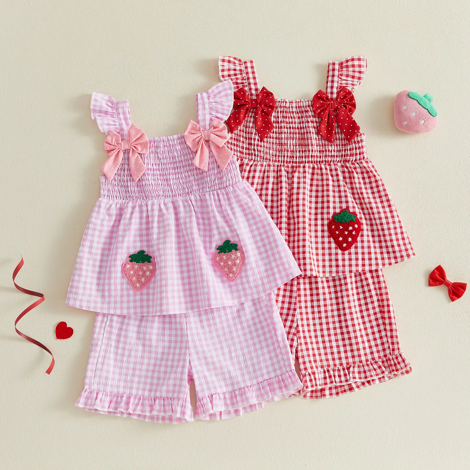 Toddler Baby Little Girls Summer Strawberry Outfit Flying Sleeve Tank Tops and Plaid Shorts Set 3-7 Years