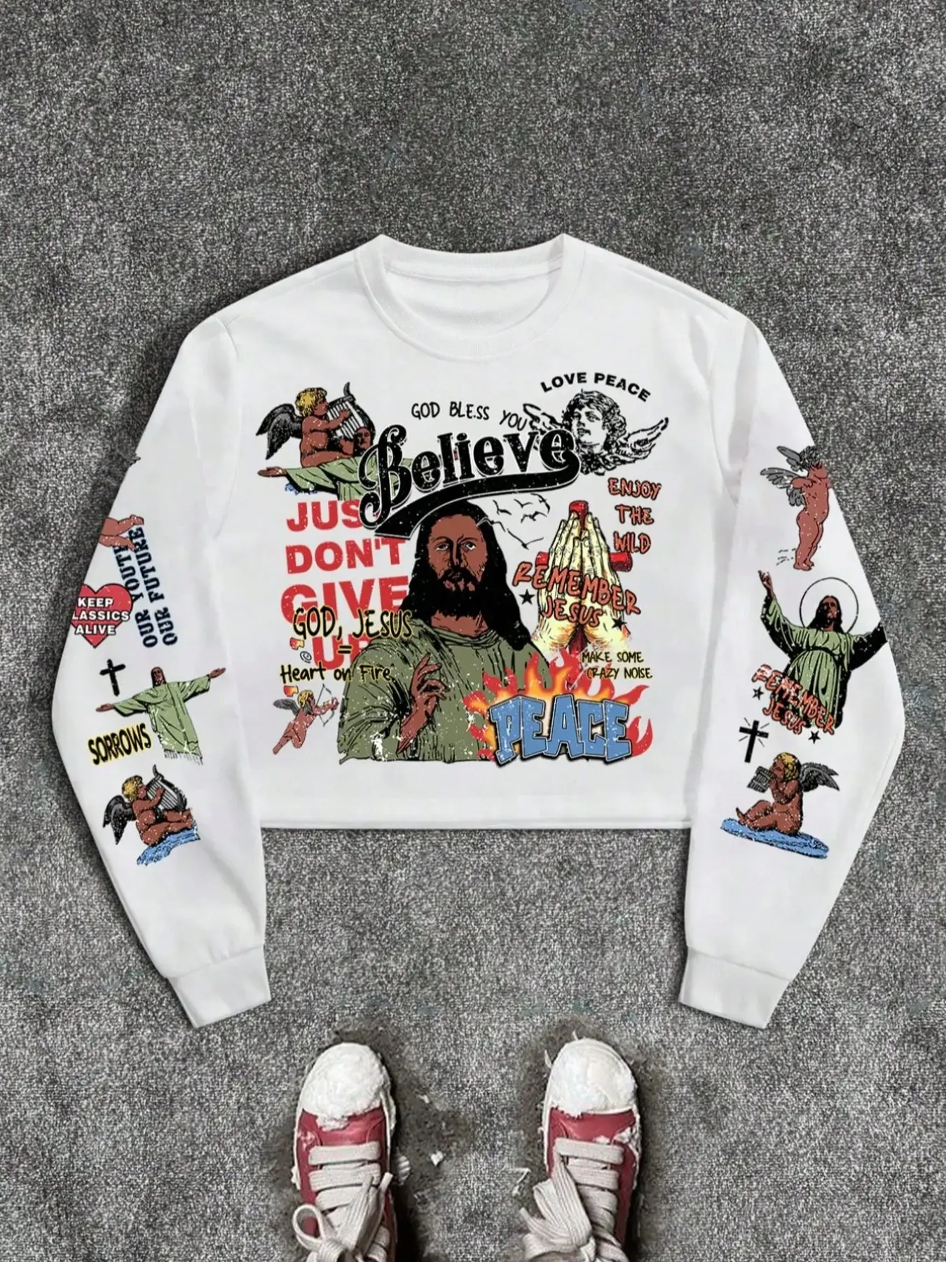 American High Street Streetwear Thorn Angel Religious Print Short Sleeve Sweatshirt, Men's Loose Oversize Retro Long Sleeve Top, All Seasons Classic Style