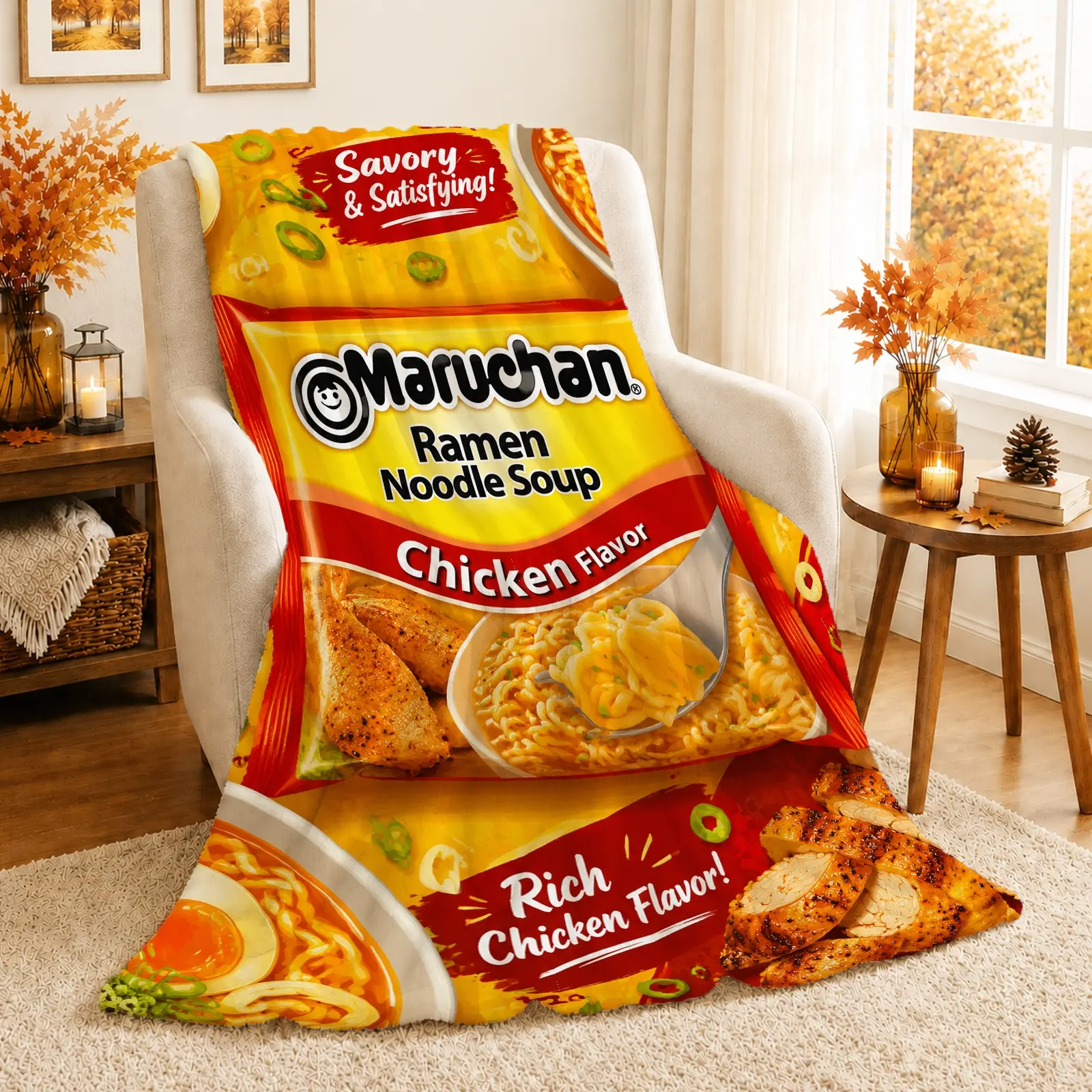 1pc Chicken Flavor Ramen Noodle Blanket, Bold and Colorful Style, Eye-Catching Graphics with Savory Imagery and Fun Text, for Kitchen Decor Foodie Gift and Cozy Movie Night