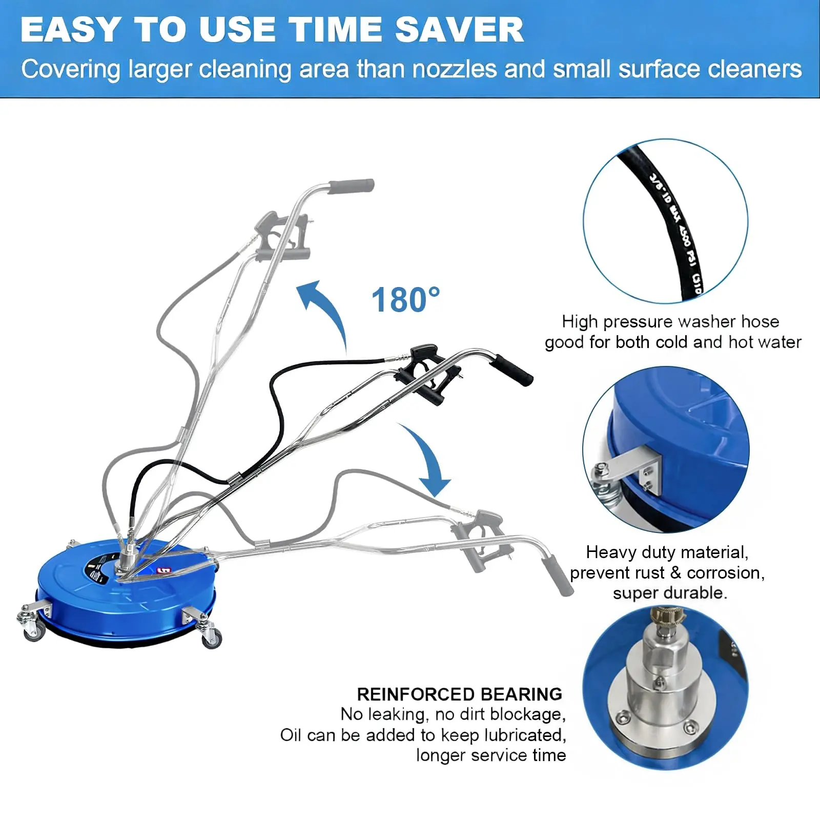 24" Pressure Washer Surface Cleaner Attachment – 4900 PSI Max Stainless Steel 4-Wheel Rotary Cleaner – Dual Handles, 3/8" Connector + 1/4" Adapter – for Driveways, Concrete, Patios & Sidewalks