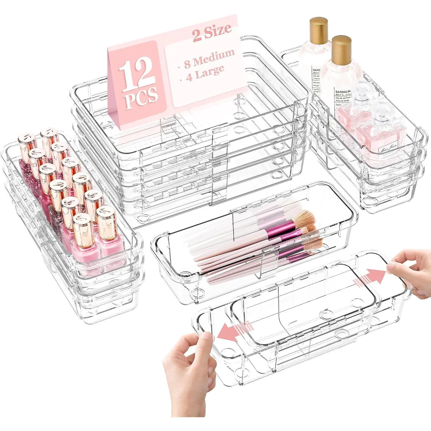 12 count Clear Extendable Drawer Organizer, Adjustable Drawer Storage 2-Size Desk Drawer Organizer, Plastic Non-Slip Storage Bins for Makeup  Jewelries Utensils Stationery Dressers