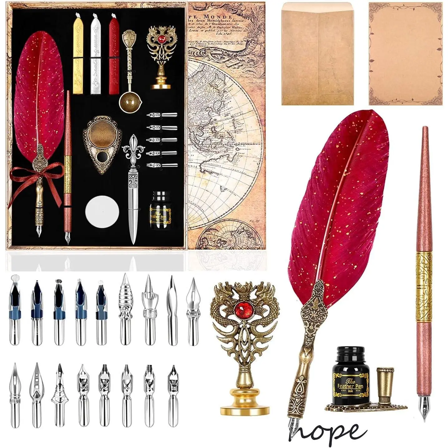 Quill Pen and Ink Set (Red) Includes Feather Pen Wooden Dip Pen 17 Replacement Nibs Pen Base 3 Wax Seal Sticks Stamp White Wax Spoon Envelope Letter Paper Envelope Tool