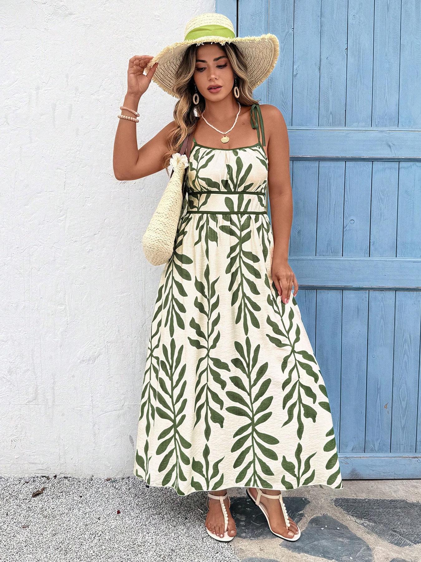 【Plus Size】 Leaf Print Cami Dress, Casual Sleeveless Spaghetti Strap Maxi Dress for Beach Holiday Vacation, Women's Plus Clothing for Summer