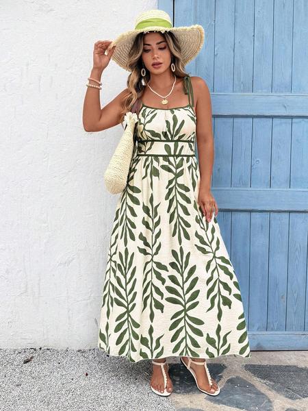 【Plus Size】 Leaf Print Cami Dress, Casual Sleeveless Spaghetti Strap Maxi Dress for Beach Holiday Vacation, Women's Plus Clothing for Summer