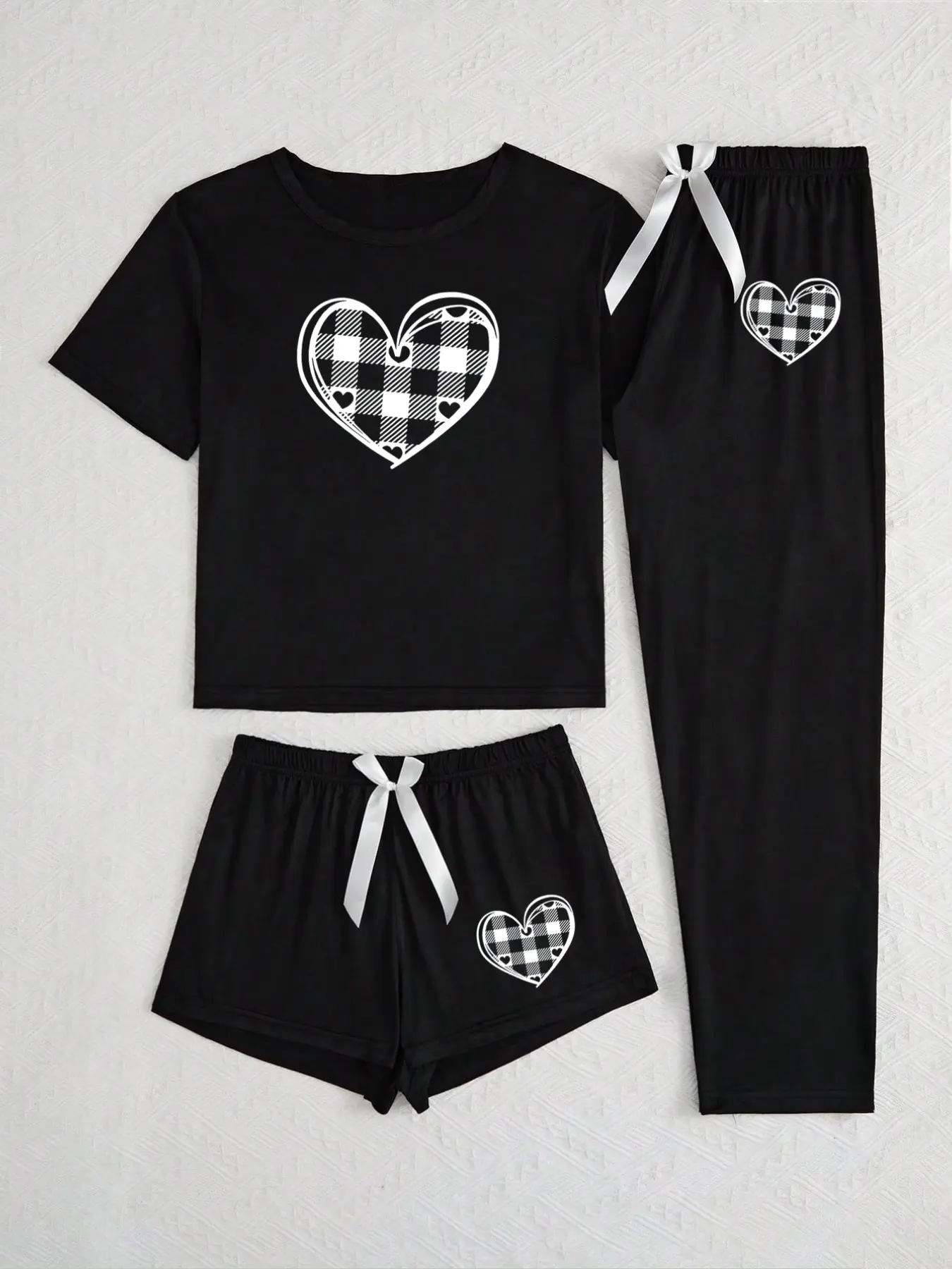 Women's 3-Piece Heart Print Pajama Set, Short Sleeve Round Neck T-Shirt + Shorts + Long Pants, Casual Home Wear, All Seasons, Loungewear