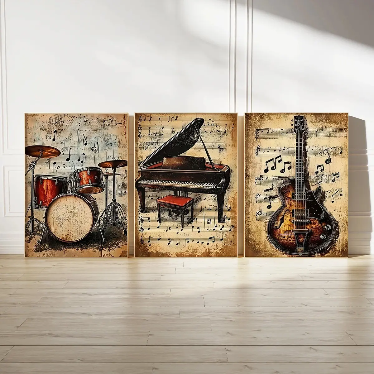 3pcs/set retro music canvas art printing, Graphic print design, drum, piano and guitar wall decoration, home decoration, suitable for living room, bedroom, studio, framed or unframed, ideal house warming gift, College Dorm apartment deco.