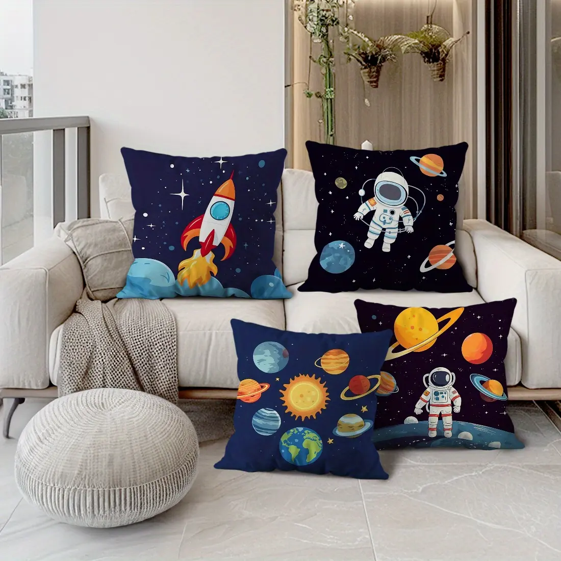 [Home Decoration] 4pcs Astronaut Spaceship Decoration Single-Sided Pillowcase 45*45Cm Home Decoration Sofa Living Room Decorative Pillow