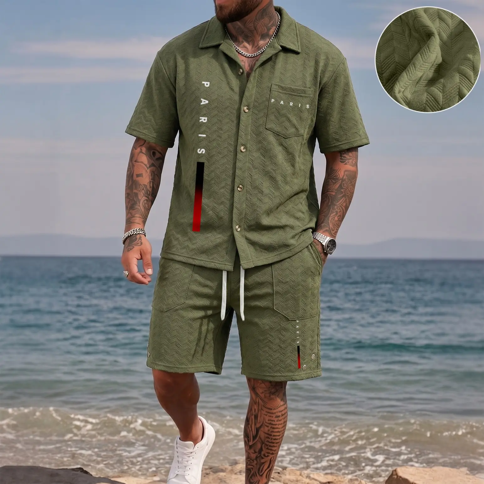 Men’s Paris Letter Graphic Print Waffle Fabric Shirt and Shorts Set, 2 Piece Button Up Short Sleeve Casual Outfit, Minimal Typography Design, Textured Summer Matching Set