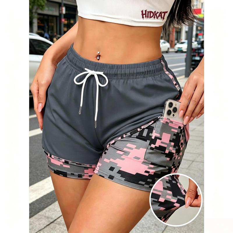 Ladies' Summer Fashion Vacation Two Camouflage Spliced Three Piece Shorts, Waist Drawstring, High Elastic Band Hidden Pocket Inside, Suitable for Summer Fashion Dressing, Casual Outings, Sports, Etc