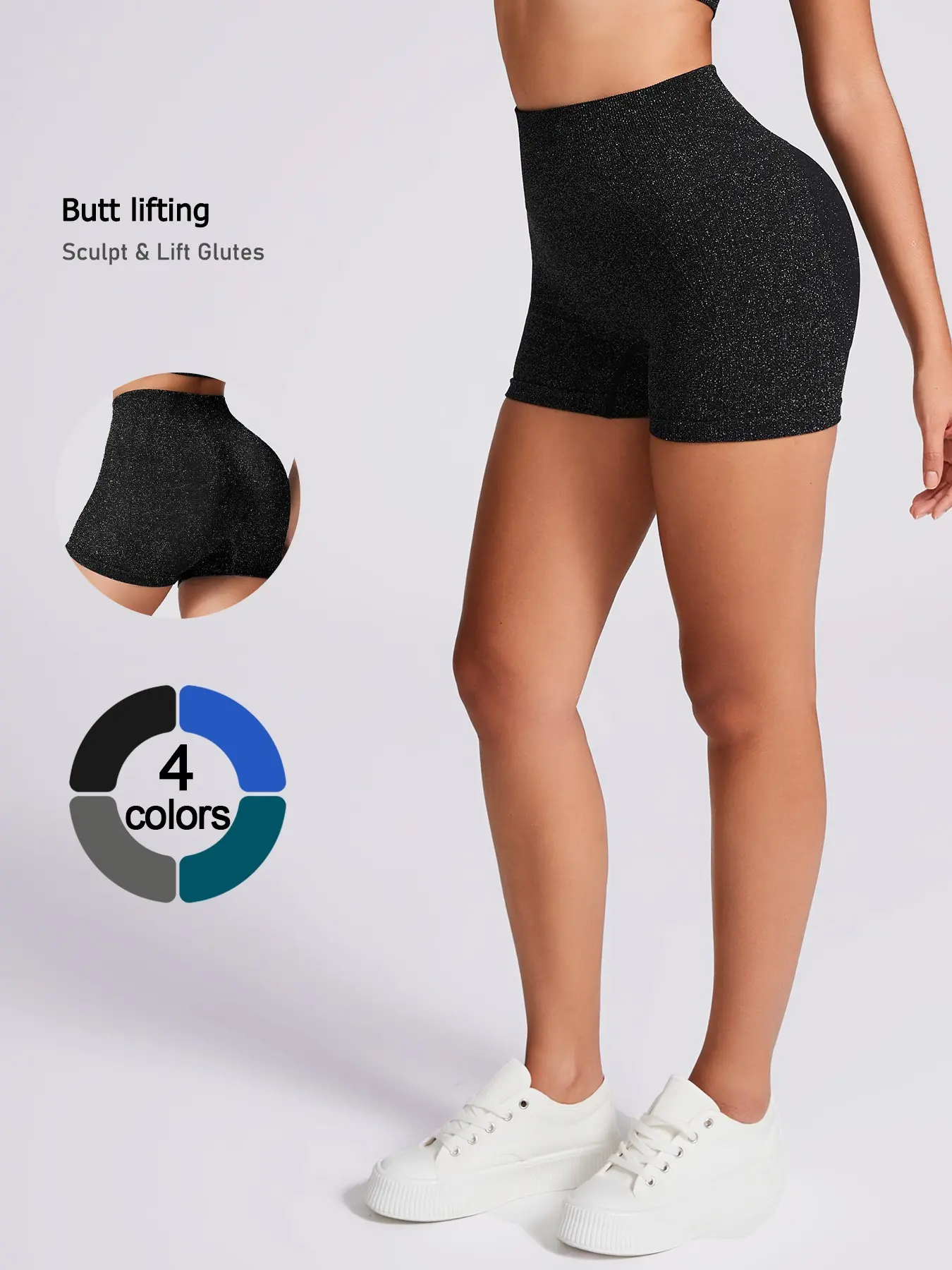 Women's Sporty Shorts with Silver Color Accents, High-Waisted Design for Enhanced Butt Lift, Comfortable Fit for Daily Wear, Stretchy Athletic Shorts